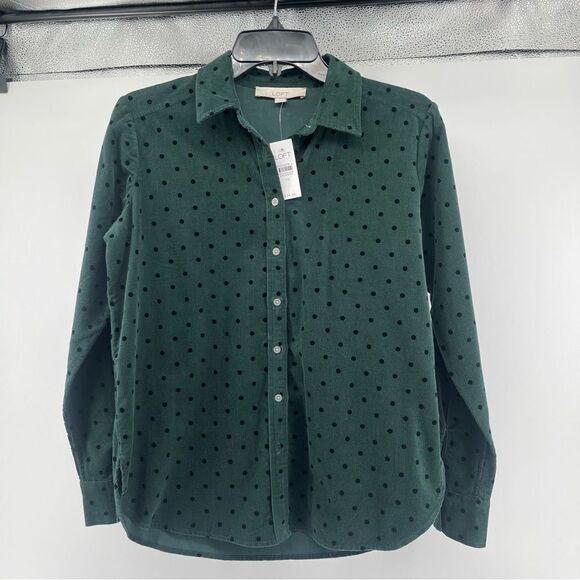 LOFT Women’s Green Black Velvet Dot Corduroy Everyday Button Front Shirt XS - Picture 13 of 14